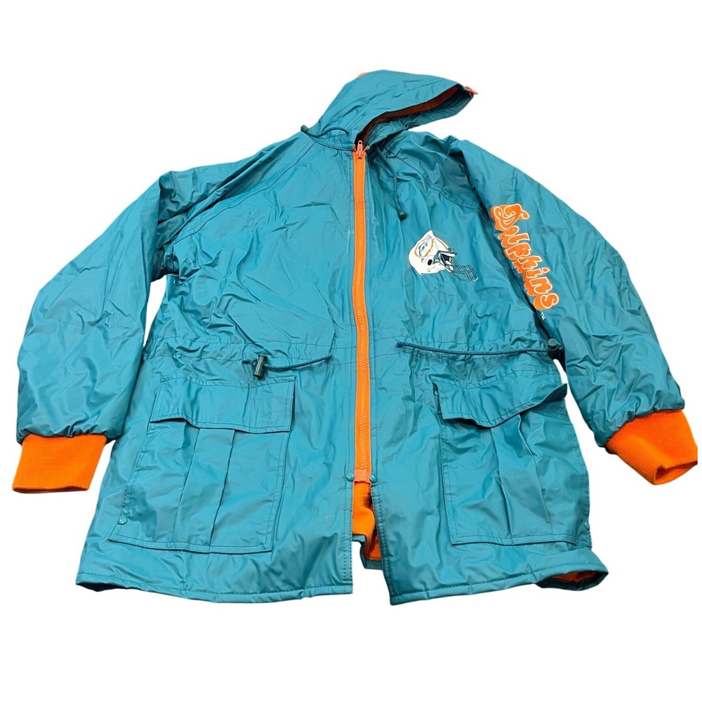 Game Day NFL Miami Dolphins Jacket‎ Mens MEDIUM Teal Orange Hooded Vintage 39327